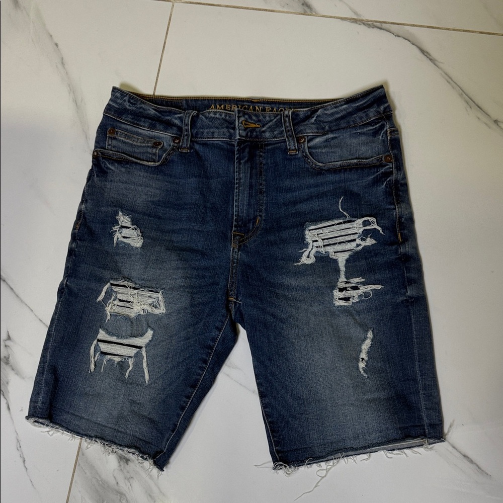 American Eagle Outfitters Men's Ripped Dark Blue Jean Shorts